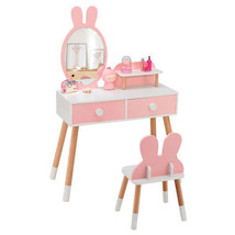 Kids Vanity Table and Chair Set with Drawer Shelf and Rabbit Mirror-Pink... - $202.05