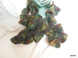 Multi Color Crochet Ruffle Scarf  Fall Tones 48 x 2.5&quot;   Hand Made OOAK - £27.22 GBP