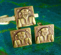 KING TUT Cufflinks Vintage Egyptian Tie Clip Bronze Pharaoh Pat # 2853761 Histor - £99.12 GBP