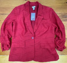 Chicos Puckered Jacket Size 1 Medium Red Lined 3/4 Ruched Sleeve Blazer Button - £29.73 GBP