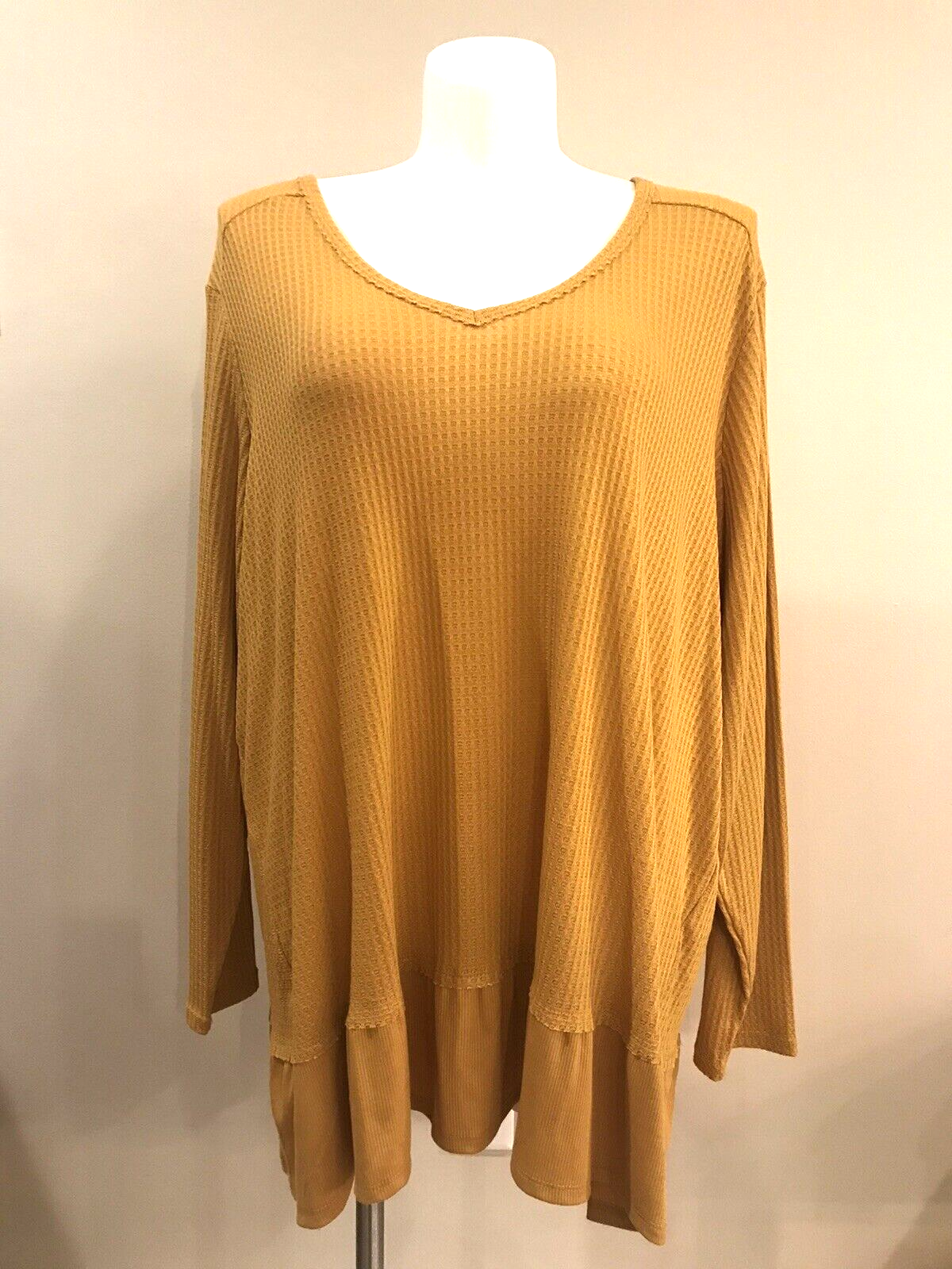 B.L.E.U. Gold Waffle Size 3X  V-Neck Long Sleeve Shirt Tunic Bottom Ruff... - $19.32