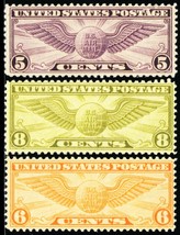 C16, C17 & C19, 1931-34 Winged Globe Set of Three Airmail Stamps (Stock Photo) - $12.95