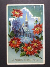 A Merry Christmas Poinsettias Church Gel Samson Bros Antique Postcard c1910s - £7.98 GBP