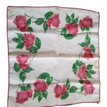 Vintage Womens Hankie Pink Roses Rose Flowers Valentines Day Decorative Hanky - £10.75 GBP