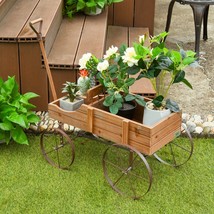 Gardening Wooden Garden Planter Wagon Bed with Wheels for Yard Flowers and Plant - £48.07 GBP