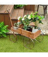Gardening Wooden Garden Planter Wagon Bed with Wheels for Yard Flowers and Plant - $59.95