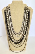Goth Style Multi Strand Black Silver Rhinestones Faux Pearls Long Necklace 27&quot; - £19.94 GBP