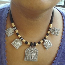 vintage antique tribal old silver pendant necklace amulet hindu god goddess - $146.52