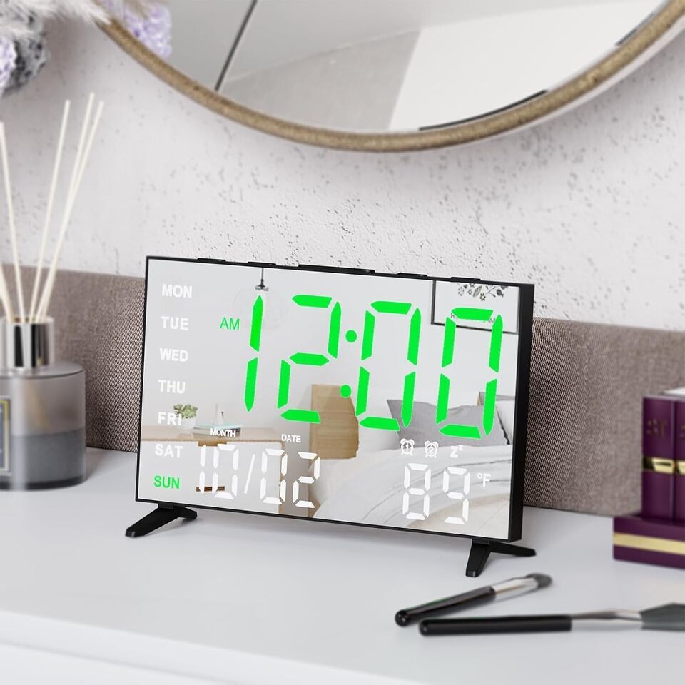 Alarm Clocks for Bedrooms, Small Digital Clock, LED Mirror Alarm Clock (Black) - $18.37