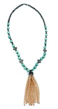 Faux Turquoise Hematite Cross Peach Crystal Tassel Necklace - £10.95 GBP