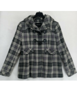 Nine West Gray / Black Plaid Women&#39;s Hooded Coat Lined Insulated Button ... - £12.12 GBP