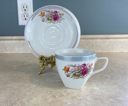 Japan Tea Cup And Saucer Set Gray Gold Trim w/Flowers - $10.78
