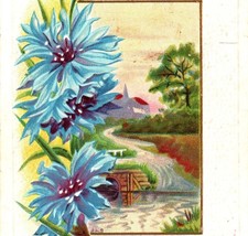1917 Best Wishes Greetings Blue Cornflowers Landscape Gold Stecher Postcard - £7.15 GBP