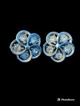 New Vintage Silvertone Rhinestone Clear Stones Clip Earrings 1950&#39;s Floral - £18.68 GBP