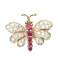 Brooch Pin Vintage Butterfly Ruby &amp; Crystals, Vermeil Gold over Sterling Silver - £142.63 GBP