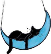 Stained Glass Cat on Moon Gifts Sleeping Cat Suncatchers Decoration Handcrafted  - £22.01 GBP