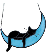 Stained Glass Cat on Moon Gifts Sleeping Cat Suncatchers Decoration Hand... - £21.65 GBP