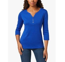 Karen Scott Womens XL Intrepid Blue Cotton Henley 3/4 Sleeve Top NWT J26 - $17.63