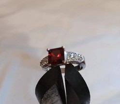 Red Ruby Fashion Ring Marked  Simulated Diamond Stones  Silvertone Plated Size 7 - £32.85 GBP