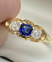 Victorian 18k Yellow Gold Over Blue Sapphire &amp; Diamond Engagement Ring 2.10Ct - £79.95 GBP