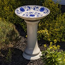 Zaer Ltd. Porcelain Birdbath with Hand Painted Details (24&quot; Tall, Blue F... - £177.80 GBP