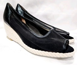 Evan Picone BLACK BEIGE Mesh Espadrille Wedge Leather Peep Toe Pump 7.5 ... - $40.00