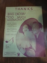 1933 Sheet Music &quot;Thanks&quot;; Paramount Presents &quot;Too Much Harmony&quot; w/Bing Crosby - £12.27 GBP