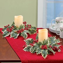 4-Pc. Lighted LED Flicker Candle Christmas Holly Ring Wreath Holiday Centerpiece - £18.05 GBP