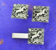 Unicorn Cufflinks silver tie clip SWANK PEGASUS Winged Cuff links Vintage Poseid - £121.88 GBP