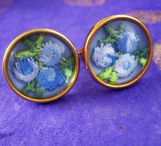 Gorgeous flower under glass Cufflinks blue embroidery wedding cuff links florist - £88.20 GBP