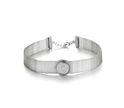 UNIQUE Pave CZ Crystals Cable Round Medallion Silver Mesh Strap Choker Necklace - $31.99