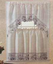 Nevada Teacup Gray Beige Embroidered Decorative Kitchen Curtain 3 Pcs Set - £17.40 GBP