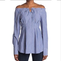 Tibi Garcon Stripe Print Shirred Top, Off the Shoulder, Size 4, Blue/Whi... - $89.00