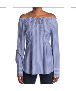 Tibi Garcon Stripe Print Shirred Top, Off the Shoulder, Size 4, Blue/Whi... - $1,637.83 MXN