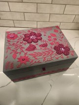 Gray And Pink Embroidered And Beaded Flowers Fabric Jewelry Box Or Case ... - £31.94 GBP