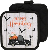 2 Same Printed Kitchen Potholders (7&quot;x7&quot;) Happy Haunting,Truck W/GHOST &amp; Bats,Gr - £5.91 GBP