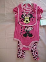 Disney Minnie Mouse 3pc Baby Outfit(Bib,Onesies&amp;Pants)-S:6-9 Months-Pink/Blk/Wht - £15.18 GBP