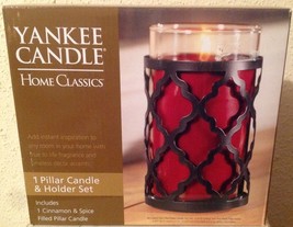 Yankee Candle Home Classics Pillar Candle And Holder Set CINNAMON &amp; SPIC... - £13.72 GBP