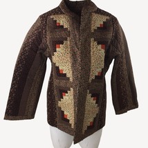 Vintage Handmade Womens Log Cabin Quilted Jacket Calico Brown Orange Size Large - £117.94 GBP