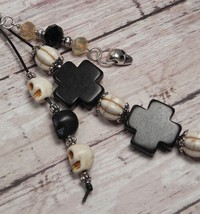 Skull Beaded Howlite Crystal Day of the Dead Purse Charm Keychain White Black - £13.15 GBP