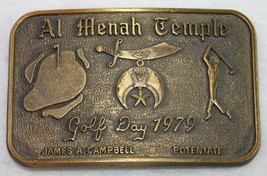 Vintage AL MENAH TEMPLE 1979 Golf Day Brass Belt Buckle Shriners Nashville TN - £23.21 GBP