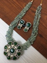 Indian Gold Plated Bollywood Style CZ Green Necklace Pendent Kundan Jewelry Set - £67.55 GBP