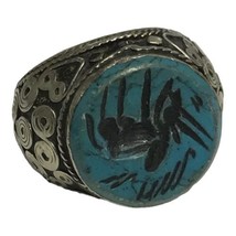 Old Ornate White Bronze Ring With Carved Turquoise Islamic Writing Size ... - £31.96 GBP