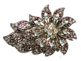 Vtg.Silver Color Liz Claiborne Marcasite and Crystal Flower Spray 2 &amp;1/2&quot; Brooch - $19.99