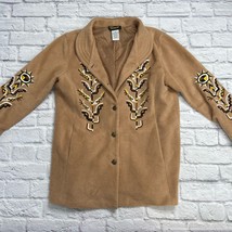 Bob Mackie Wearable Art Fleece Jacket Brown Sunflower Embroidered Size M - £47.17 GBP