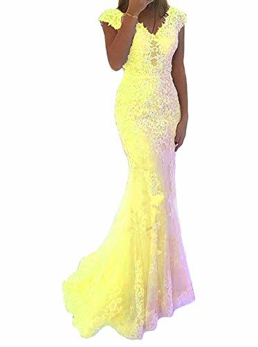 Custom Made Women V Neck Sheer Beaded Lace Tulle Long Mermaid Prom Dress Yellow
