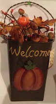 Country Primitive Fall Decor PUMPKIN WELCOME Rustic Tin With Berries &amp; Leaves - £7.32 GBP