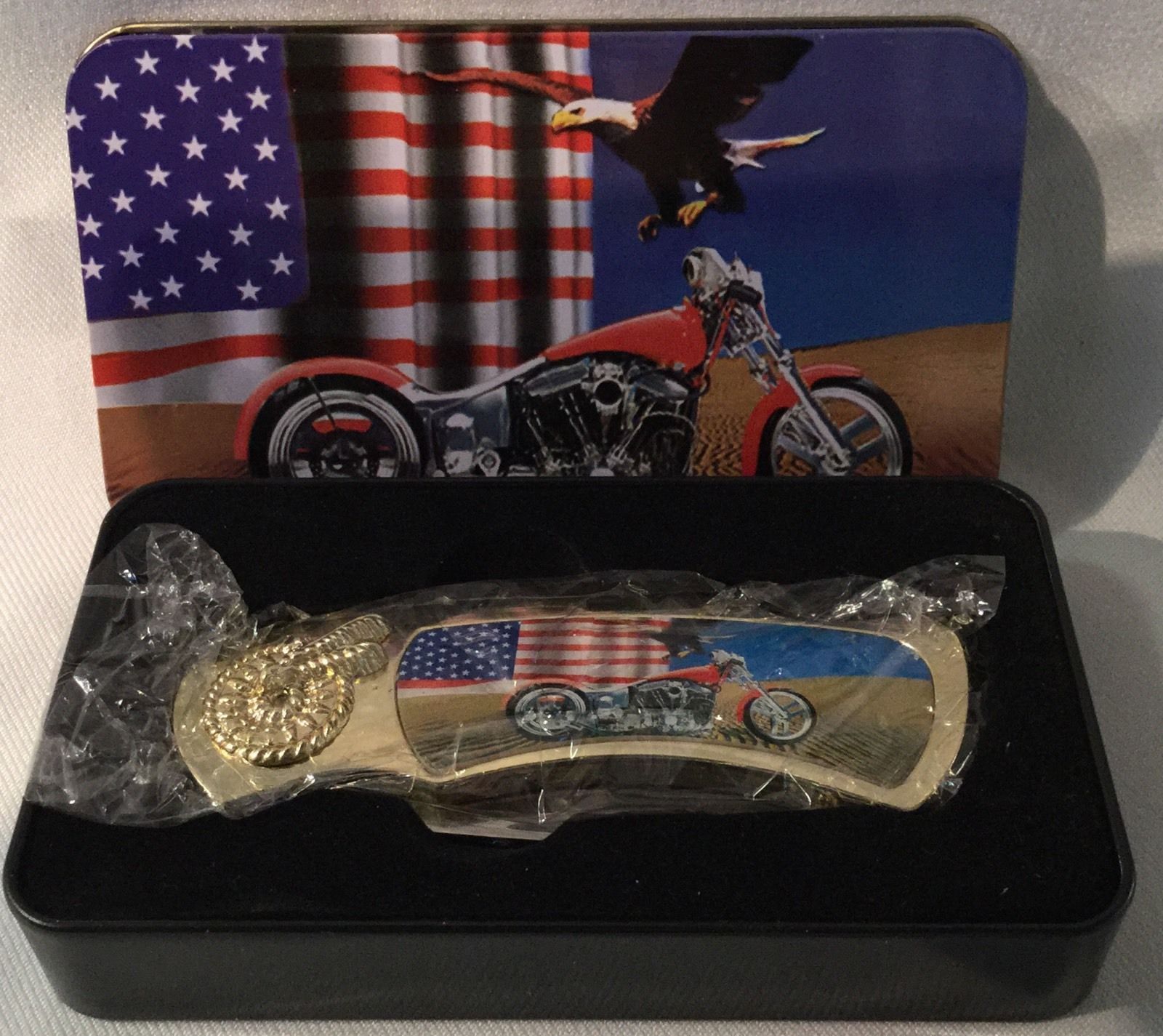 Collectible Pocket Knife In Case - Patriotic Eagle, Flag, Motorcycle Design NEW - $12.78