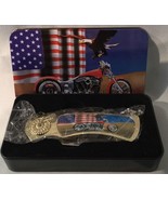 Collectible Pocket Knife In Case - Patriotic Eagle, Flag, Motorcycle Des... - £10.05 GBP