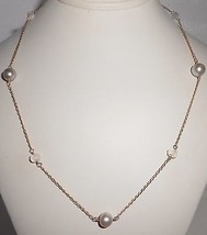 14K Pearl Station Necklace Quartz 17&quot;  8 mm Pearls Yellow Gold - $143.55